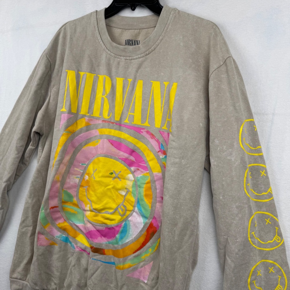 Nirvana Smiley Face Graphic Print Crew Neck Sweatshirt - Music Band Rock - Picture 2 of 6